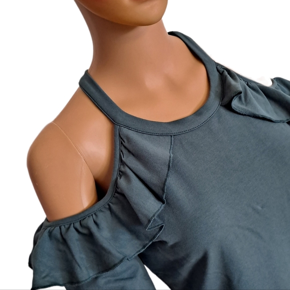 Tracy Negoshian teal ruffle open shoulder jersey dress - Picture 3 of 5